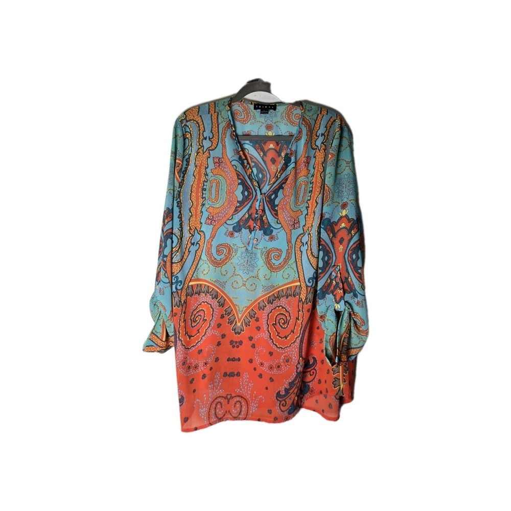 Tribal‎ floral print V-neck roll-tab sleeve boho tunic blouse Large L